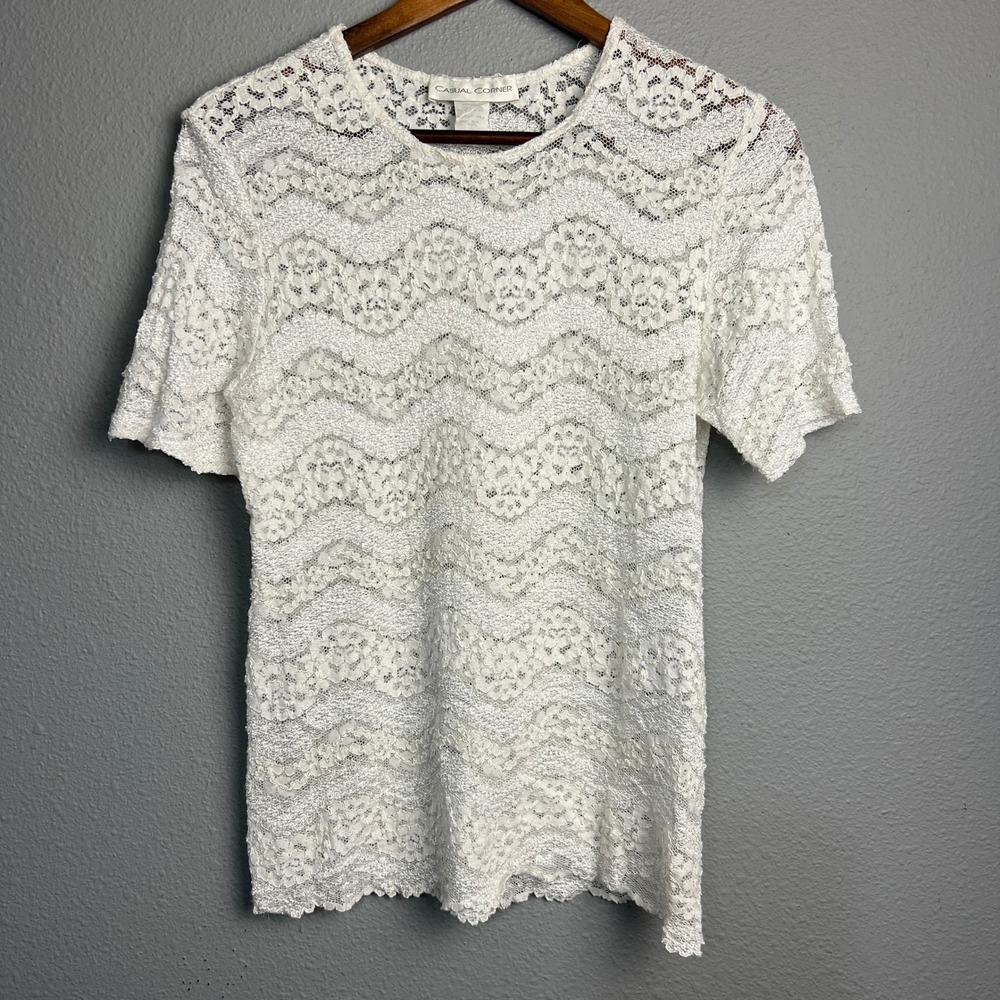 Casual Corner Open Knit Lace Top Zig Zag Design Sheer Feminine Boho White X-LG